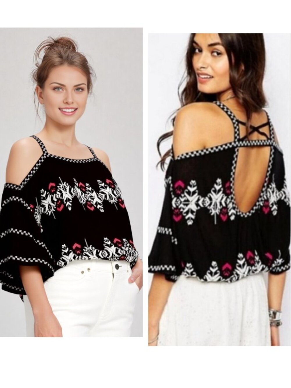 Free People Cold Shoulder Embroidered saloosa Slub Black Pink Top